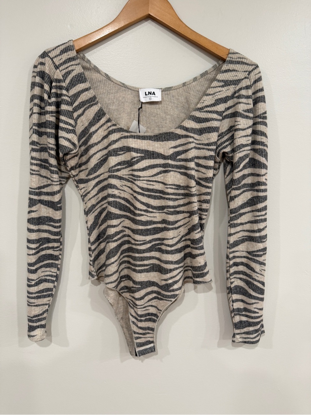 LNA Beige and Gray Zebra Ribbed Long Sleeve Bodysuit